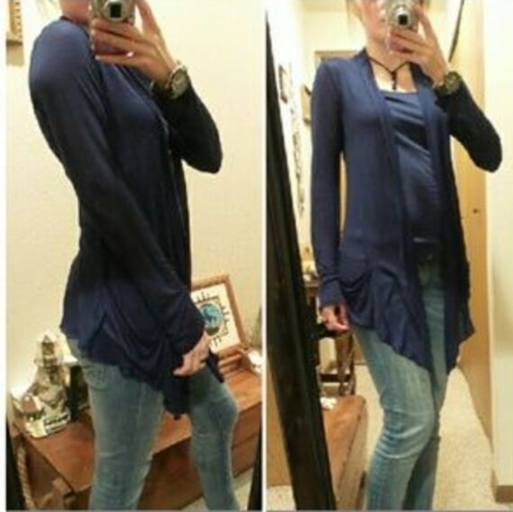 Navy Draped Open-Front Tunic Lagenlook Cardigan Wide Pockets Spring 90s Y2K New